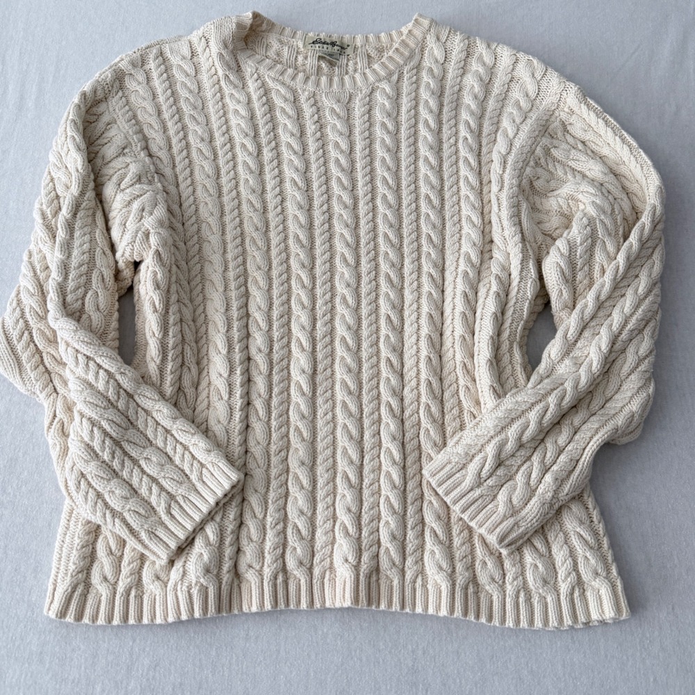 Eddie Bauer Cable Knit Sweater Womens Large Cream 100% Cotton Crewneck Fisherman